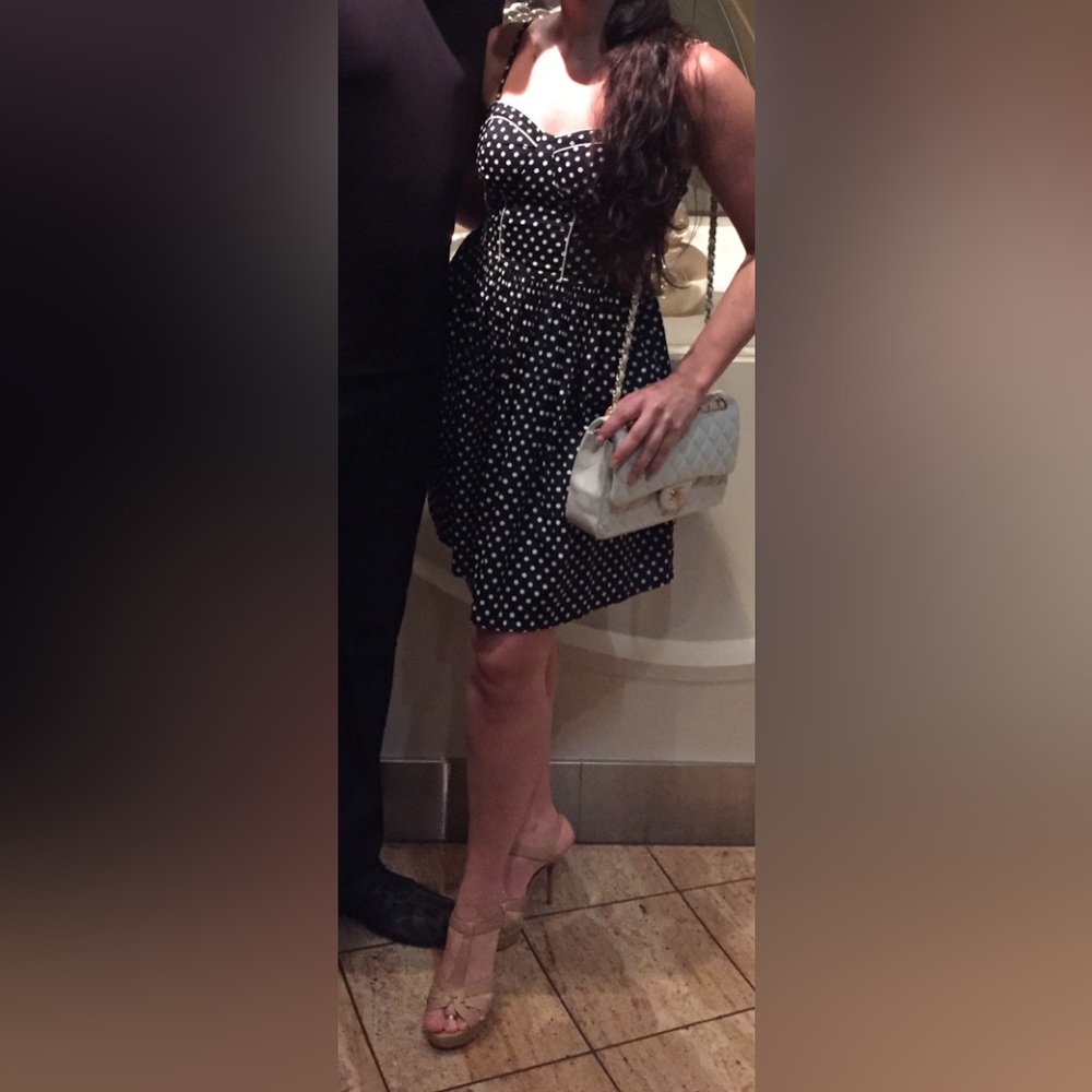 Navy Blue and White Polka Dot Fit and Flare Dress with Pockets - Picture 3 of 5